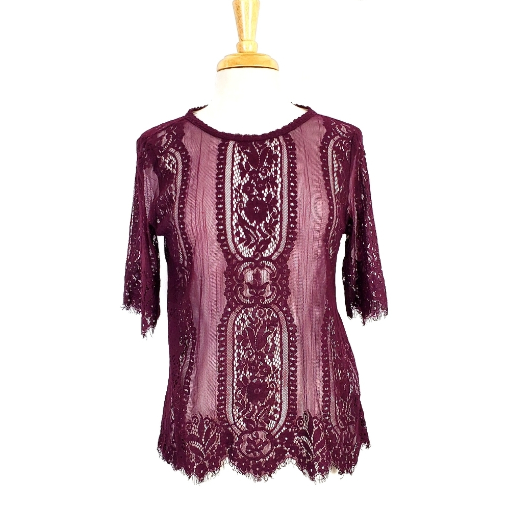 Rewind Womens Semi-Sheer Tunic Top Maroon‎ Medium